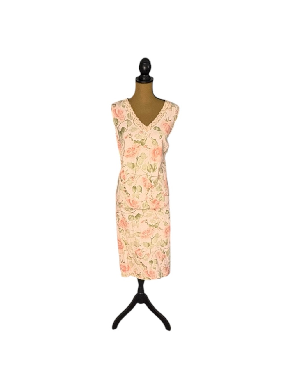Vintage 90s Norton McNaughton 1X Pink Rose Floral Linen Blend Midi Dress